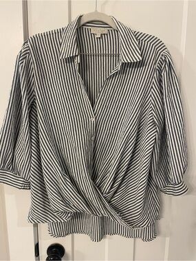 Chenault Navy & White Striped Twist-Front Button Down Shirt